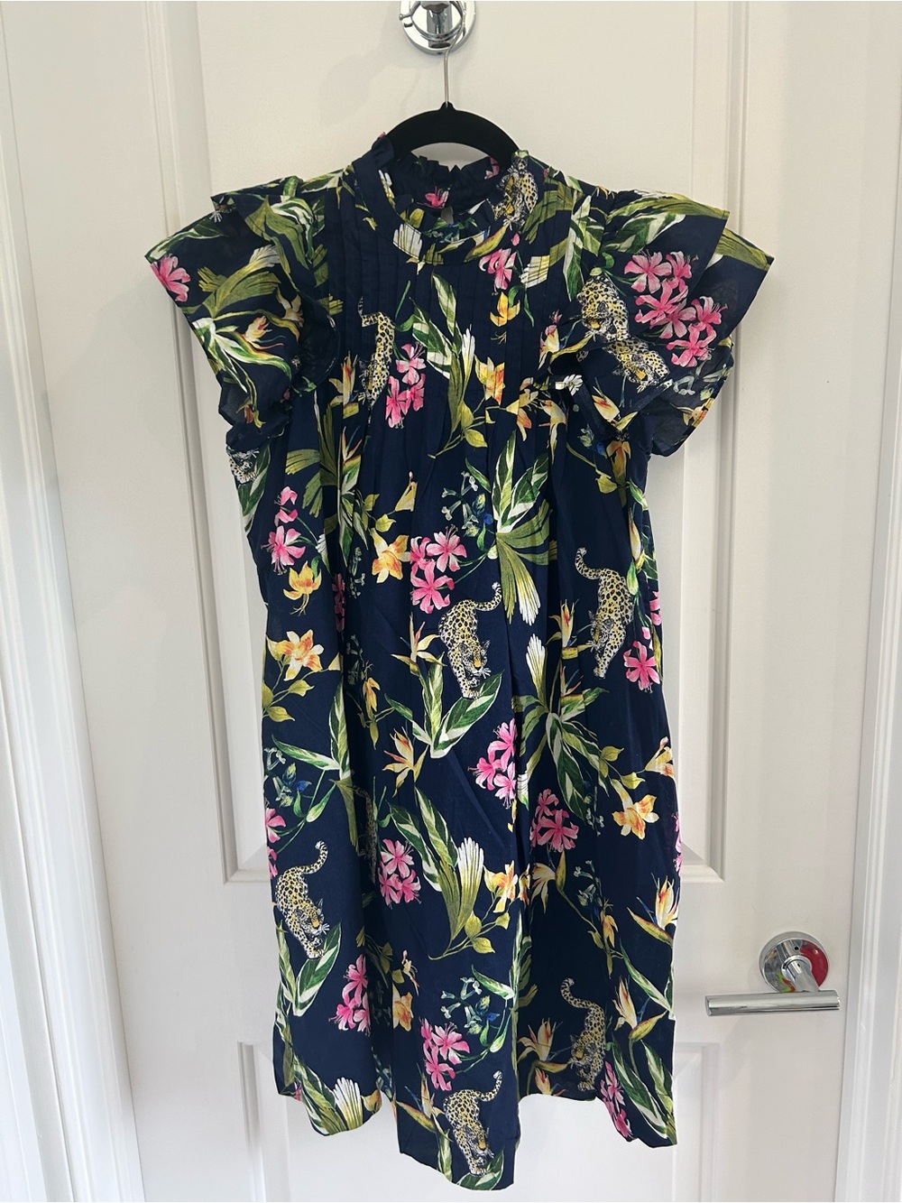 crown & ivy Navy Floral Leopard Print Ruffle Dress NWOT